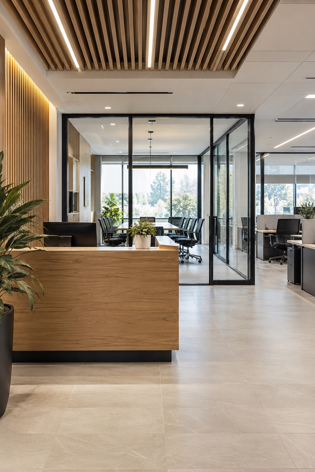 Illustrative commercial office with reception and glass meeting room
