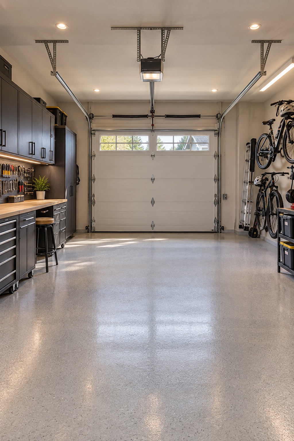 Illustrative renovated garage with overhead door, storage cabinets and workbench